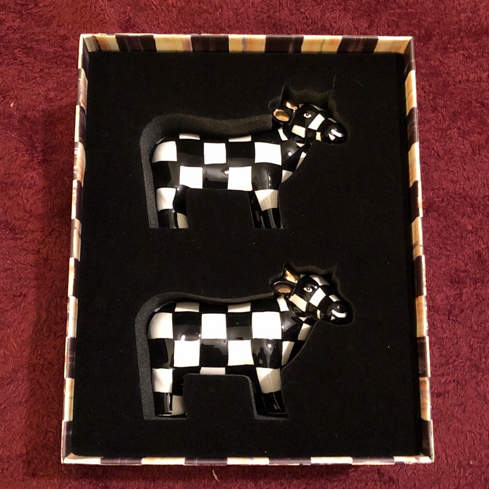 MacKenzie-Childs Black and White Checker Cow Salt & Pepper Set